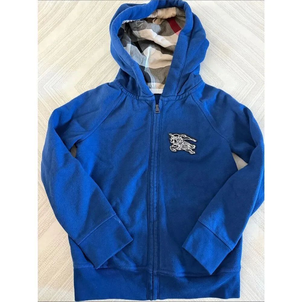 Burberry Kids Blue Zip Hoodie Check Lined Hood Embroidered Logo 6Y